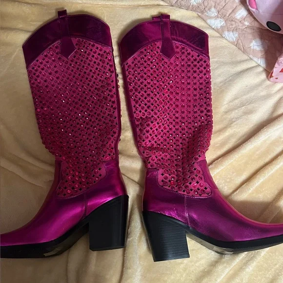 Fuchsia Studded Heeled Boots - Picture 5 of 9